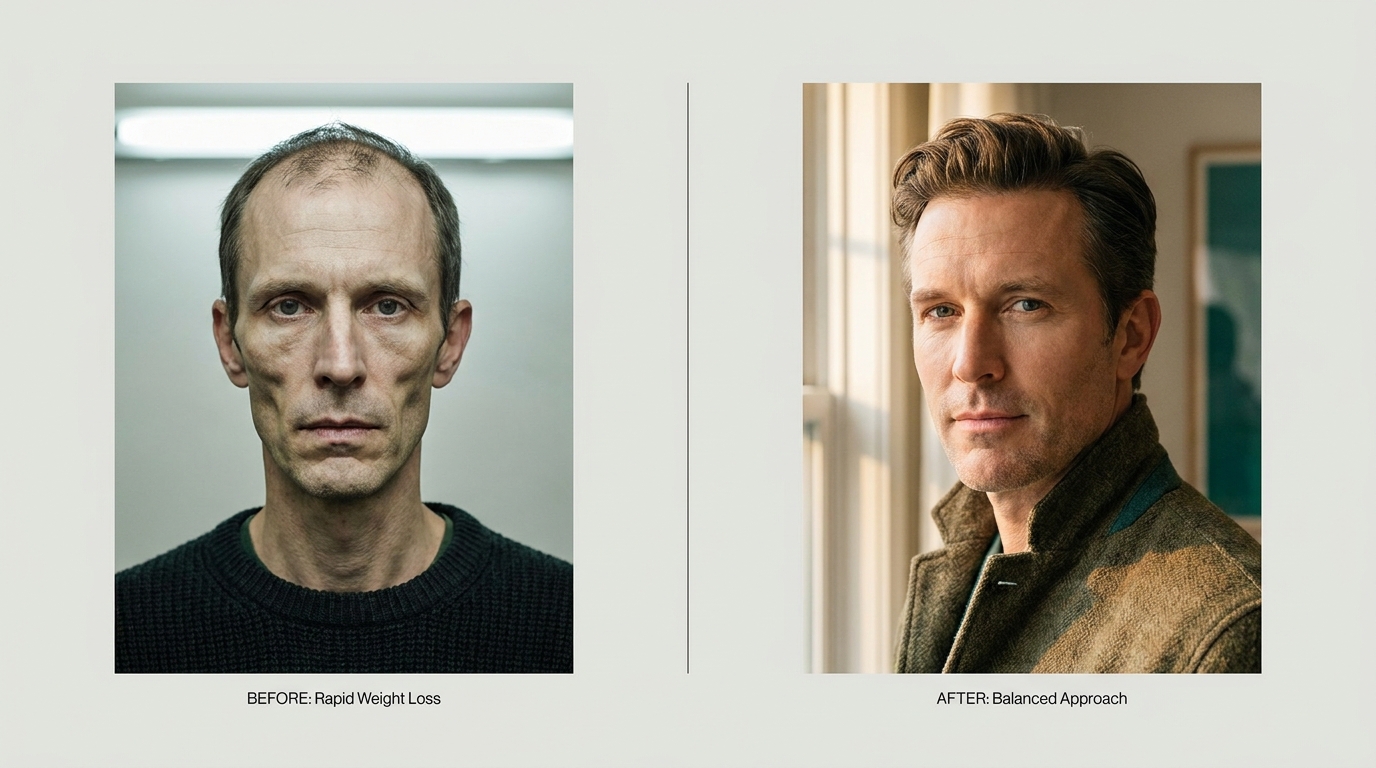 Before-and-after split: 'Ozempic face' on the left, healthy sharp jawline on the right