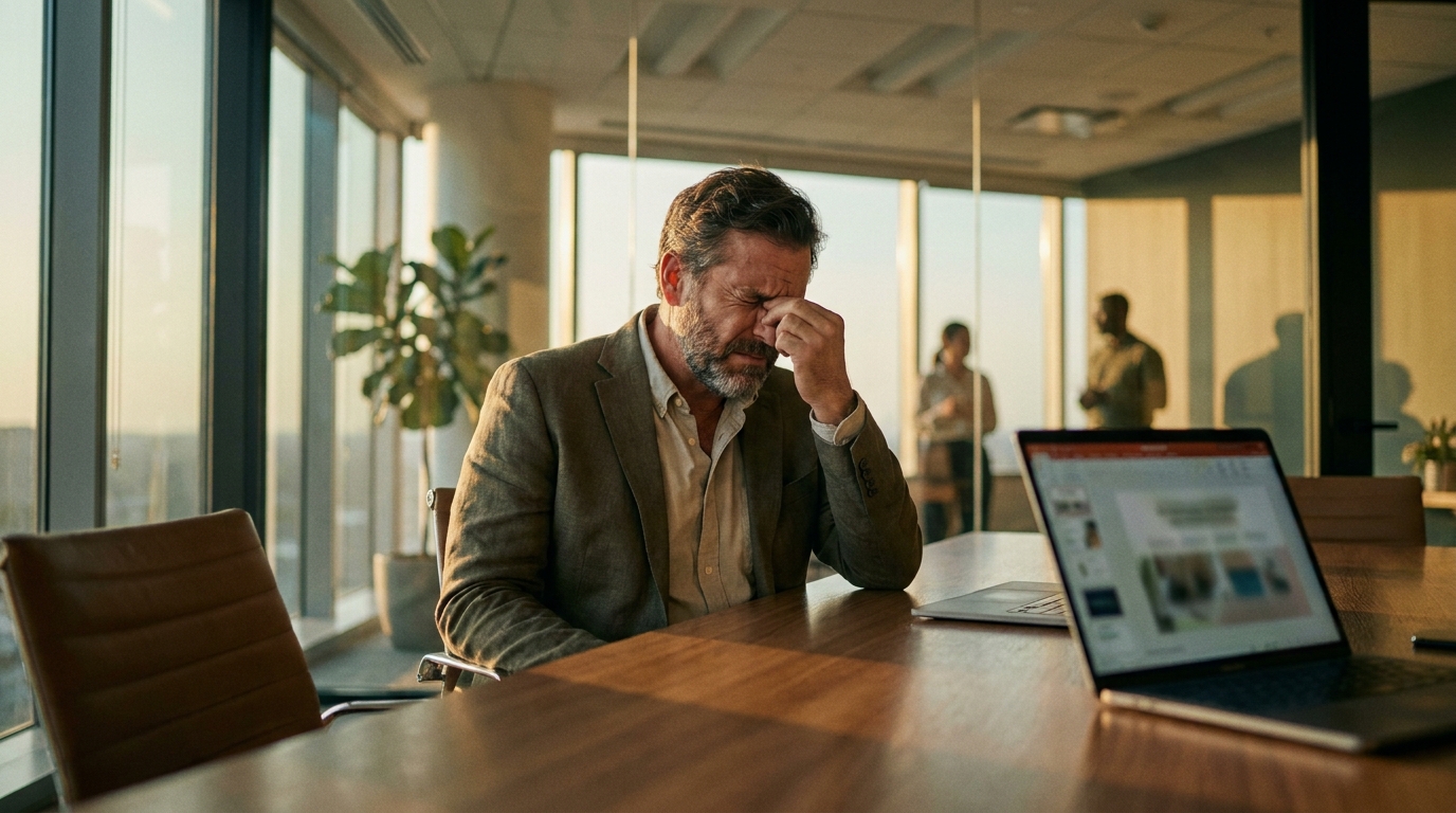 Man in a boardroom pinching the bridge of his nose, brain fog mid-meeting